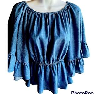 🆕Sweet Generis Boutique Ruffle Boho Chambray Top Cinch Waist Neutral NWT SZ M